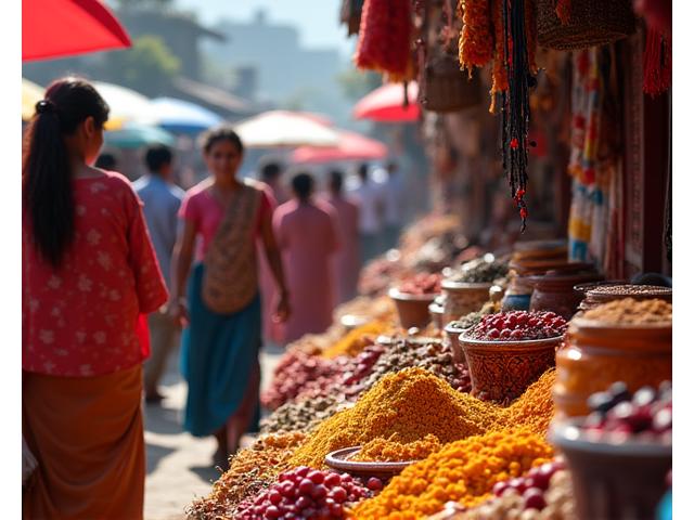 Vibrant, bustling local market scene with colorful textiles, representing cultural immersion