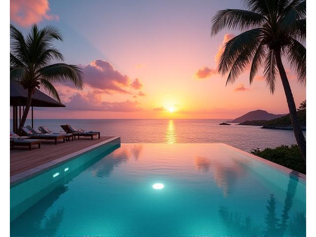 Serene infinity pool overlooking a tropical bay at sunset, suggesting luxury retreats